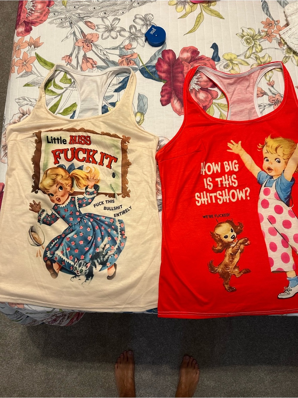 Red & Cream Graphic Tank Tops for- Retro Novelty Print